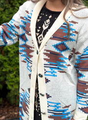 Women's Knit Long Sleeve Button Down Aztec Duster