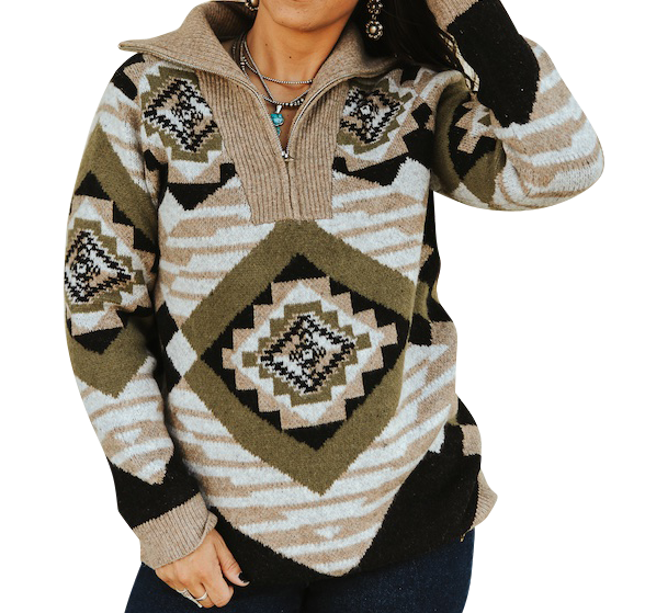 Women's Aztec Knited Half-Zip Sweater Lucky & Blessed – Leather