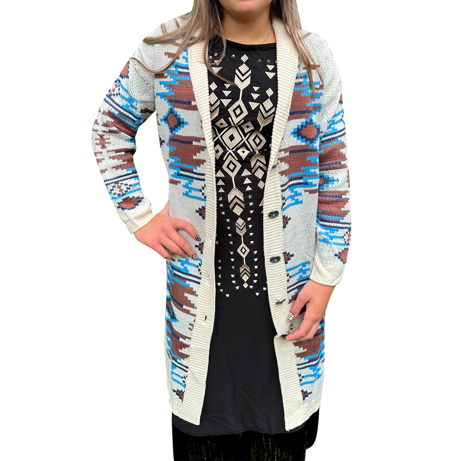 Women's Knit Long Sleeve Button Down Aztec Duster