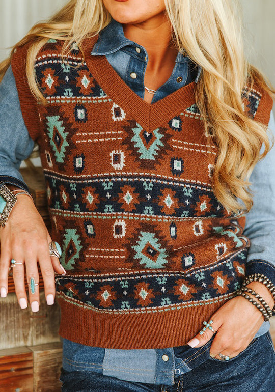 Women's Brown Southwestern Knit Vest