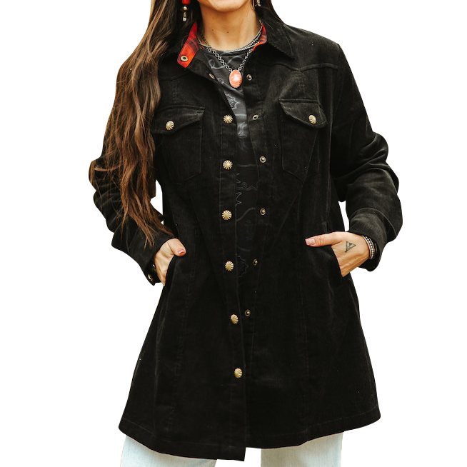 Women's Corduroy Pearl Snap Tunic Shacket