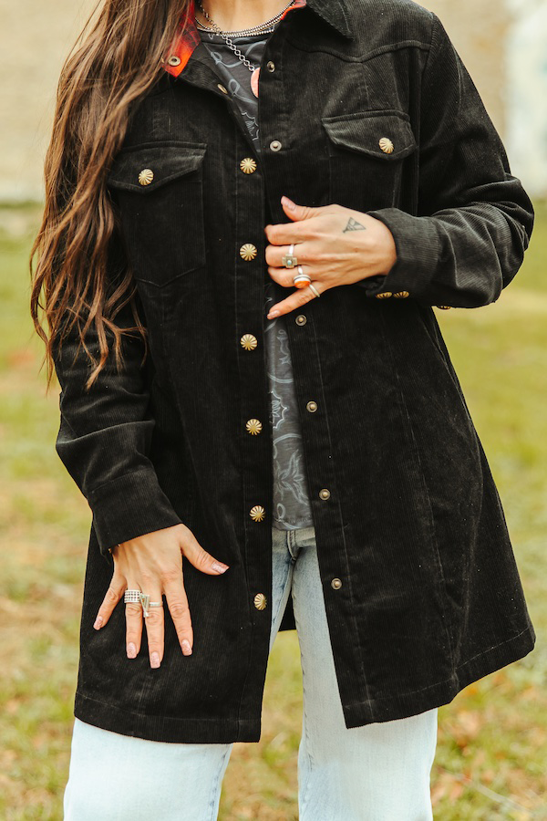 Women's Corduroy Pearl Snap Tunic Shacket