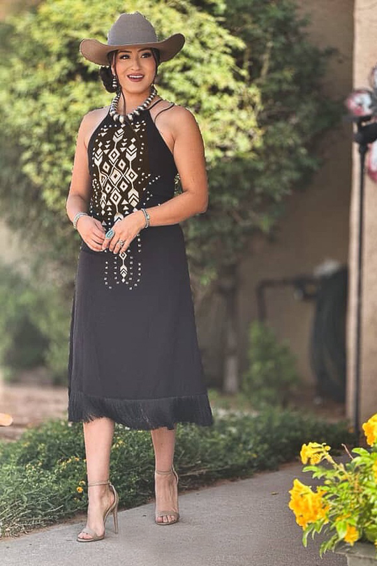 Women's Halter Aztec Embroidered & Studded Fringe Hem Dress