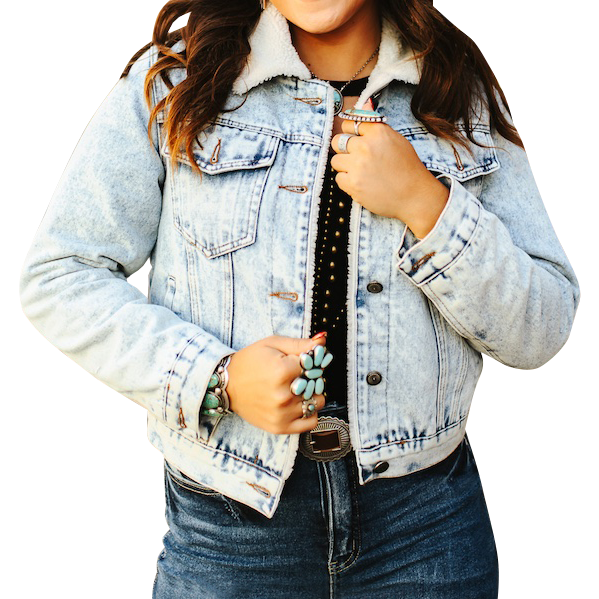 Mid & Stone Wash Sherpa Lined Collared Denim Jacket by Lucky