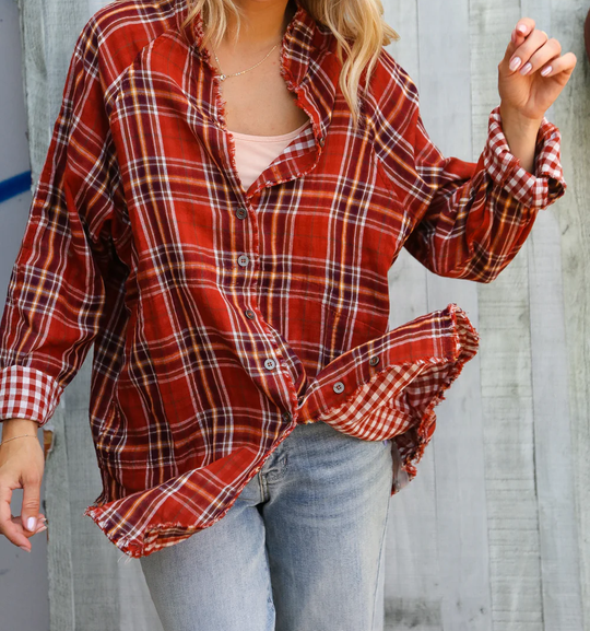 Women's Double Plaid Rust Button Up Top