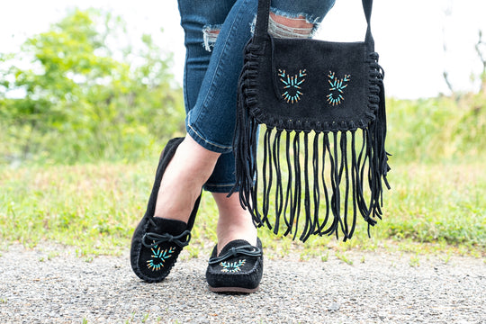 Women's Rubber Sole Black Beaded Moccasins