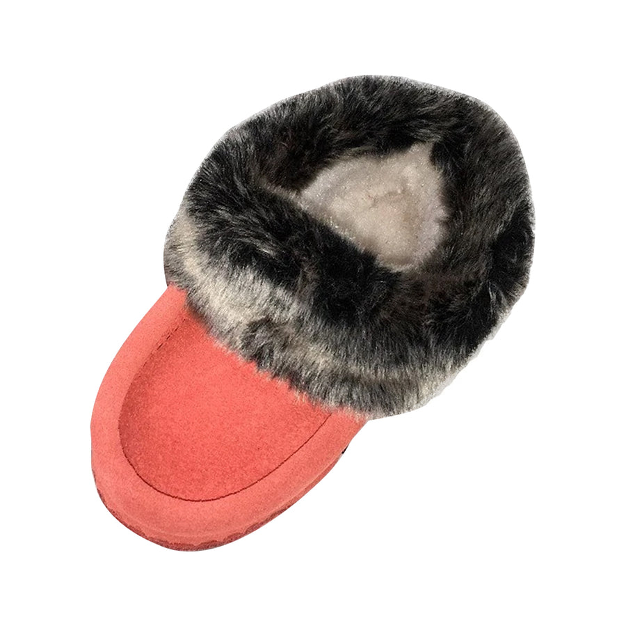 Children's Faux Fur Trim Coral Suede Moccasins (Final Clearance - Size 6, 8, 10 ONLY)