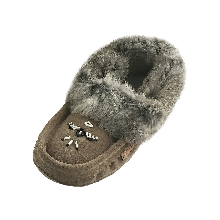 Women's Fleece Lined Rabbit Fur Gray Suede Moccasins