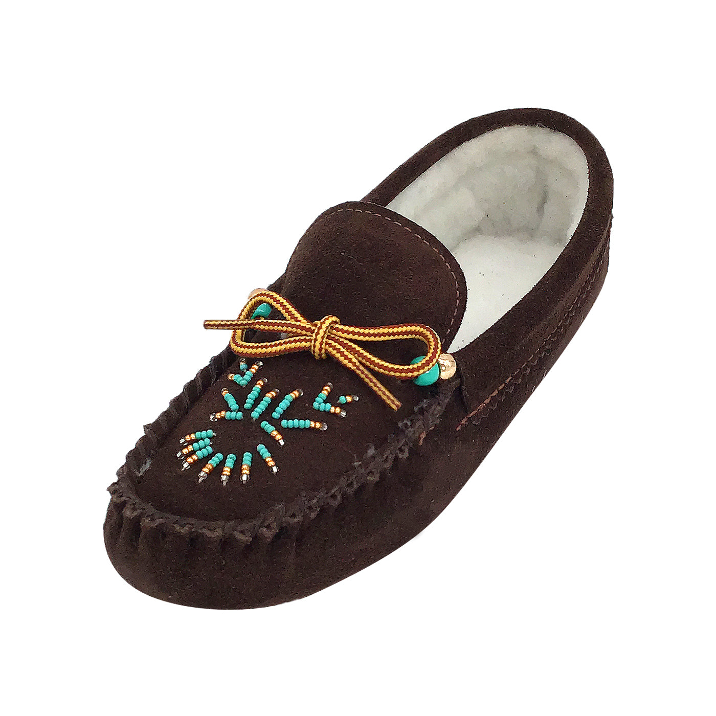 Beaded Brown Genuine Suede Indoor Moccasin Slippers –