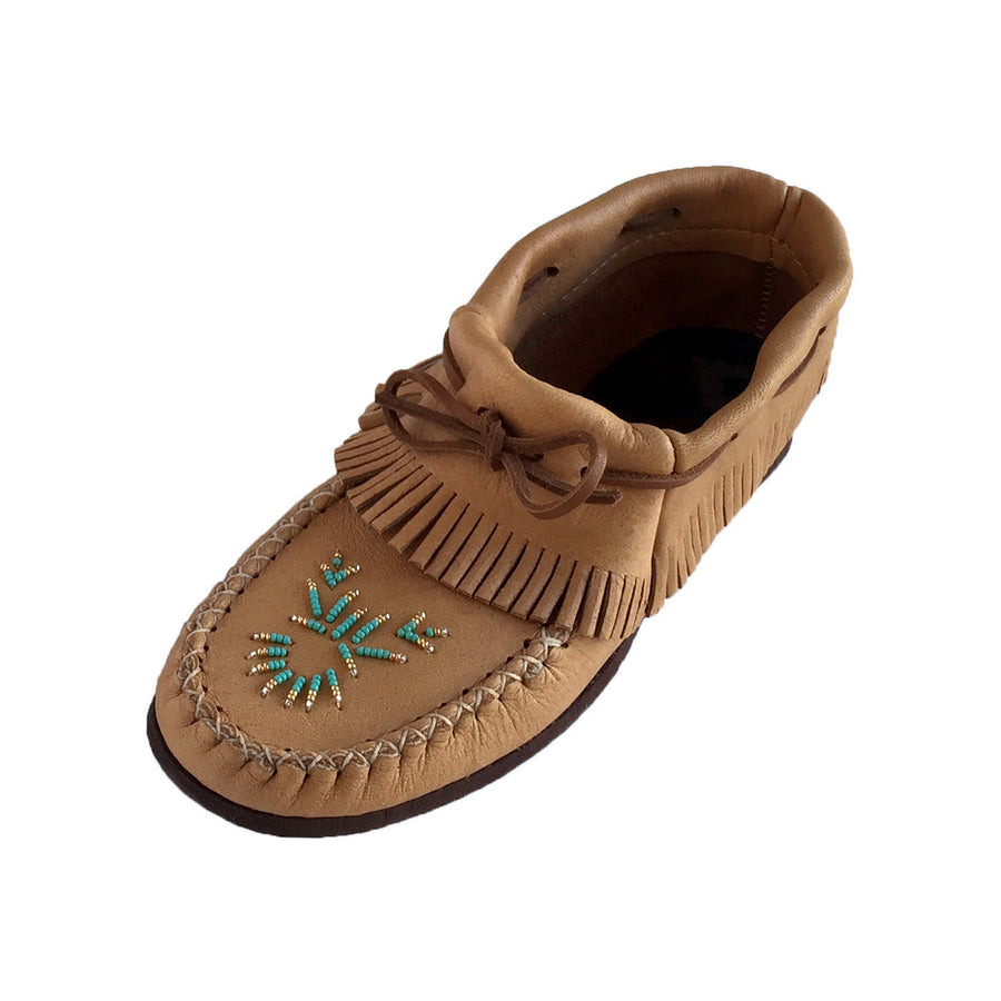 Women's Rubber Sole Moose Hide Leather Fringed Moccasins