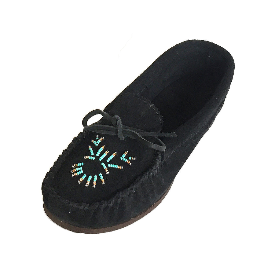 Women's Rubber Sole Black Beaded Moccasins