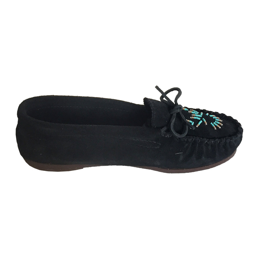 Women's Rubber Sole Black Beaded Moccasins
