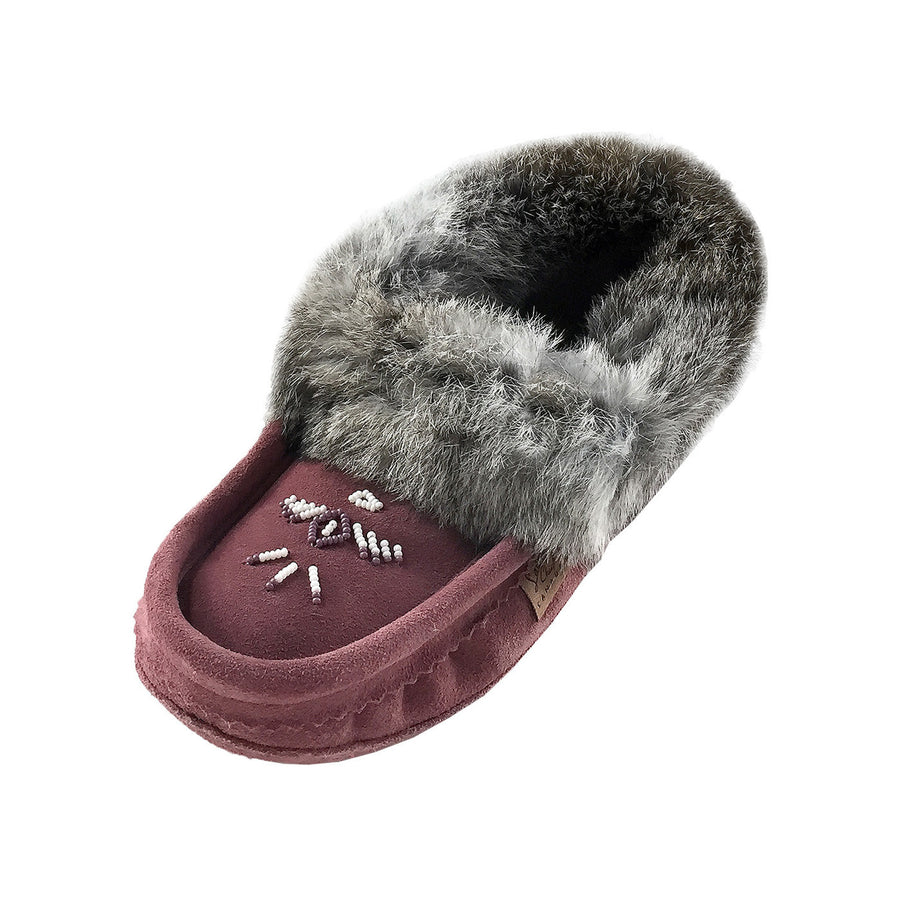 Women's Fleece Lined Rabbit Fur Plum Suede Moccasins