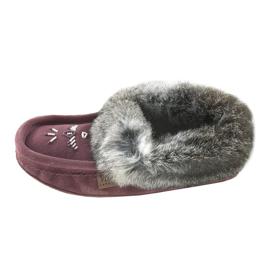 Women's Fleece Lined Rabbit Fur Plum Suede Moccasins