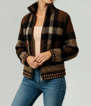 Women's High-Neck Plaid Zip-Up Cardigan Sweatshirt
