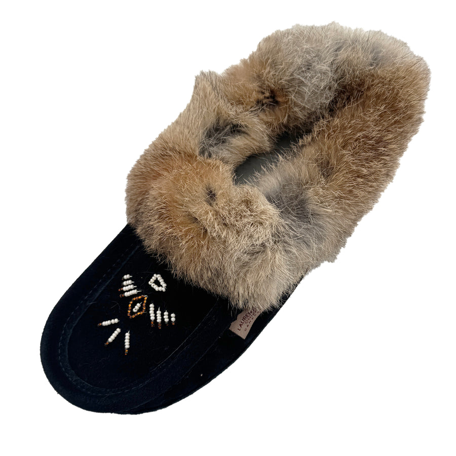 Women's Fleece Lined Black Suede Rabbit Fur Moccasins