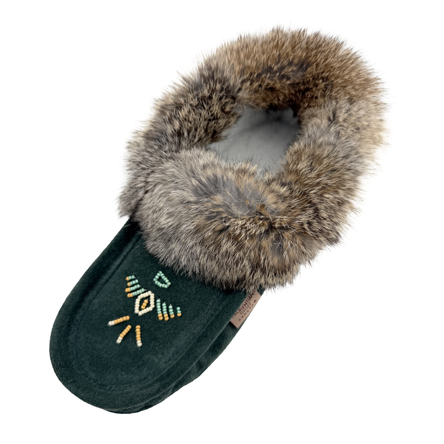 Women's Fleece Lined Rabbit Fur Emerald Suede Moccasins