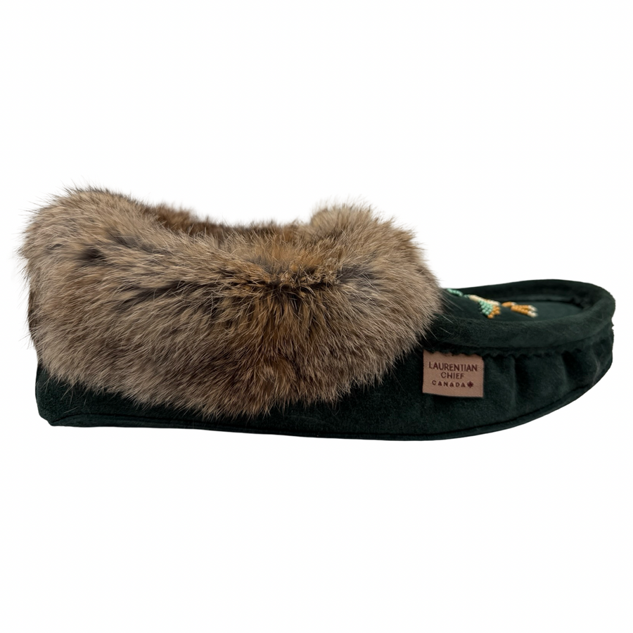 Women's Fleece Lined Rabbit Fur Emerald Suede Moccasins