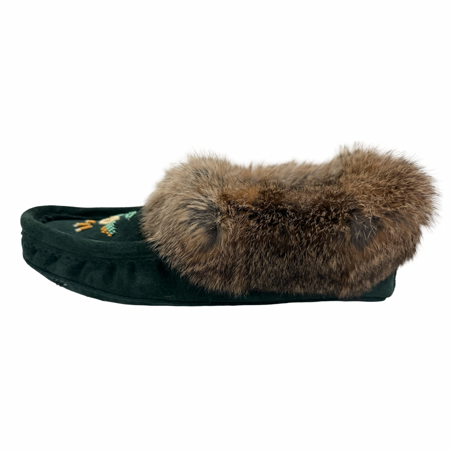 Women's Fleece Lined Rabbit Fur Emerald Suede Moccasins