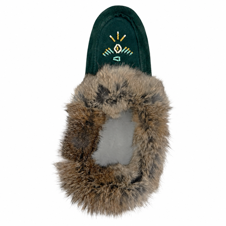 Women's Fleece Lined Rabbit Fur Emerald Suede Moccasins