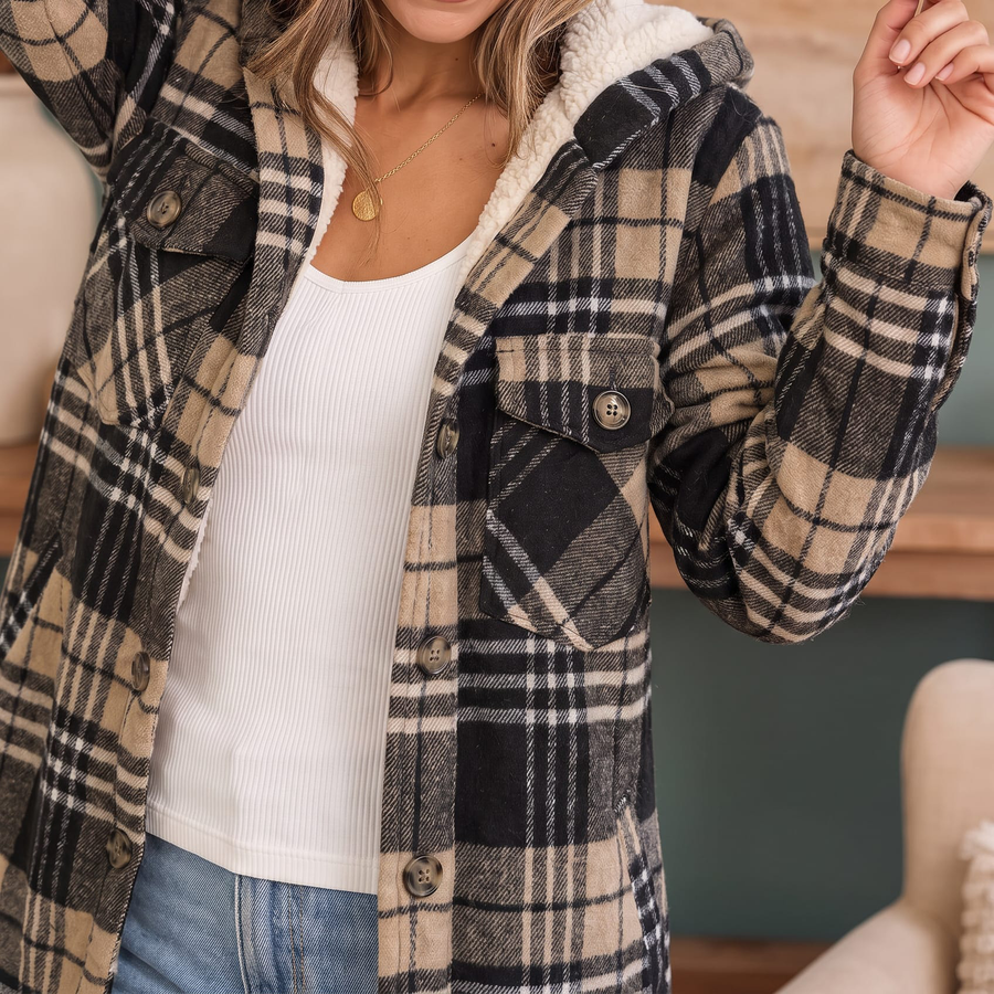 Women's Hooded Plaid Sherpa Lined Button Front Shacket