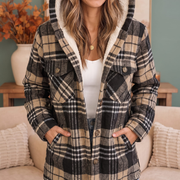 Women's Hooded Plaid Sherpa Lined Button Front Shacket