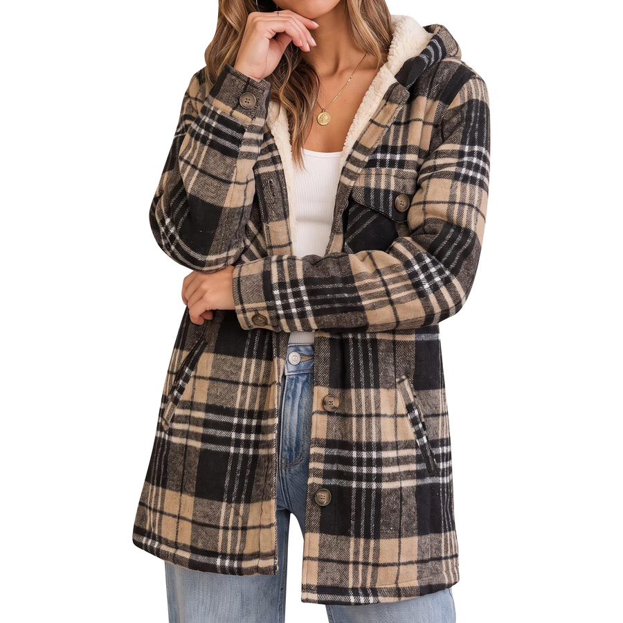 Women's Hooded Plaid Sherpa Lined Button Front Shacket