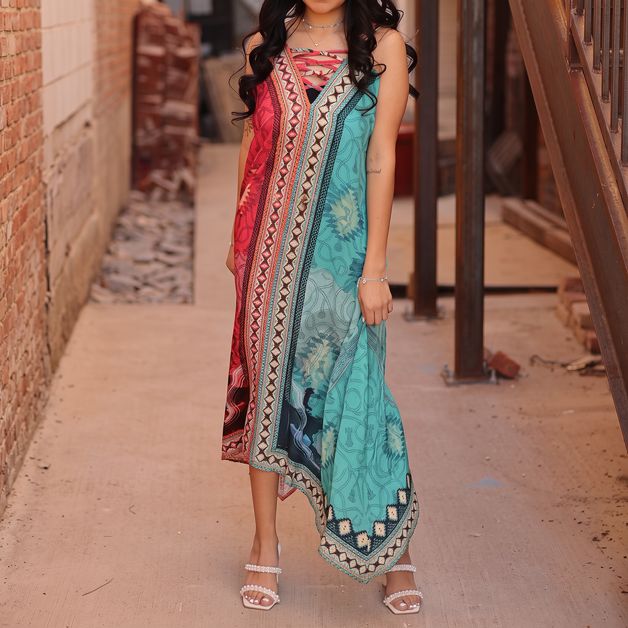 Western Red & Turquoise Printed Handkerchief Dress