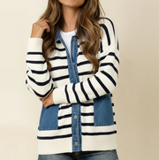 Women's Navy Stripe Button Down Sweater