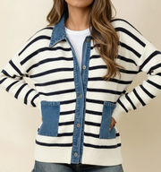 Women's Navy Stripe Button Down Sweater