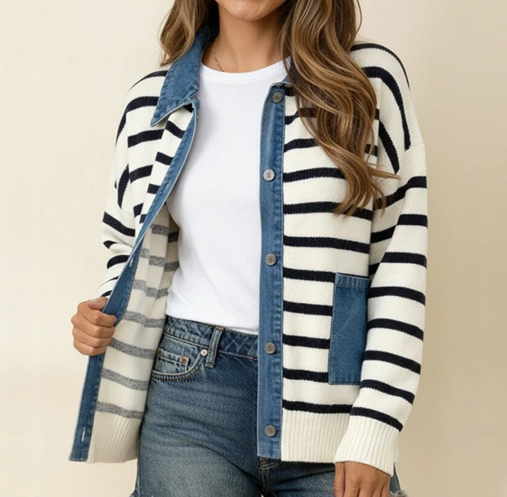 Women's Navy Stripe Button Down Sweater