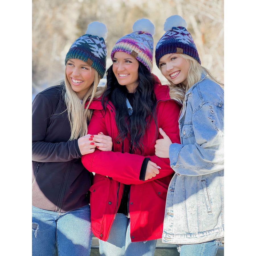 Ombre Aztec Faux Fur Pom Beanie