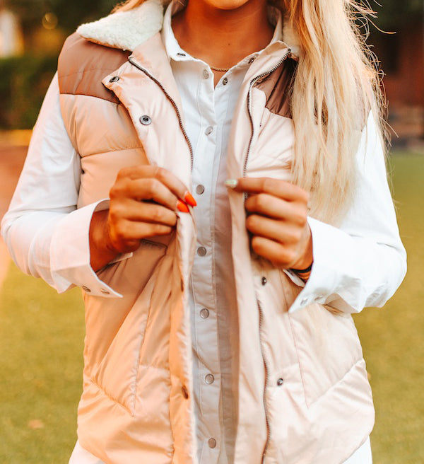 Women's Cream Puffer Vest with Camel Yoke Sherpa by Lucky Blessed Leather-Moccasins Women's Cream Puffer Vest with Camel Yoke Sherpa by Lucky Blessed Leather-Moccasins