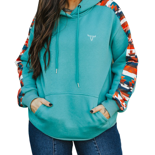 Women's Aztec Printed Side Panel Sleeve Drawstring Hooded Sweater