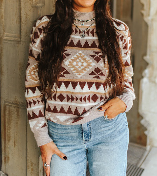Women's Aztec Printed Knit Mock Neck Sweater