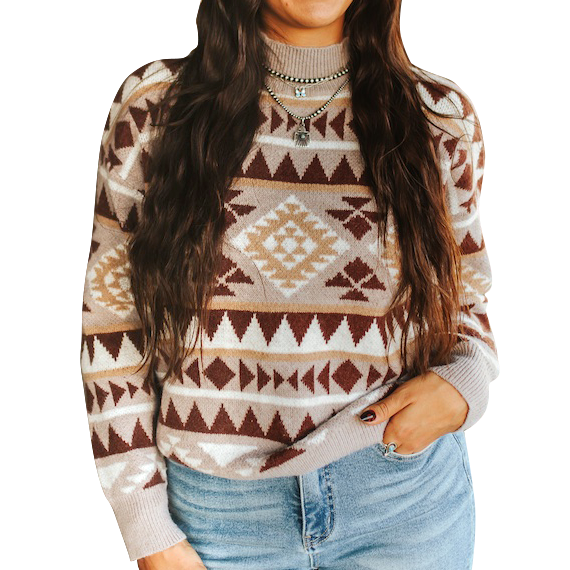 Women's Aztec Printed Knit Mock Neck Sweater