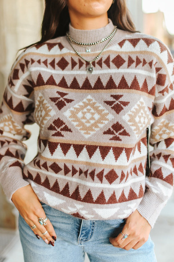 Women's Aztec Printed Knit Mock Neck Sweater