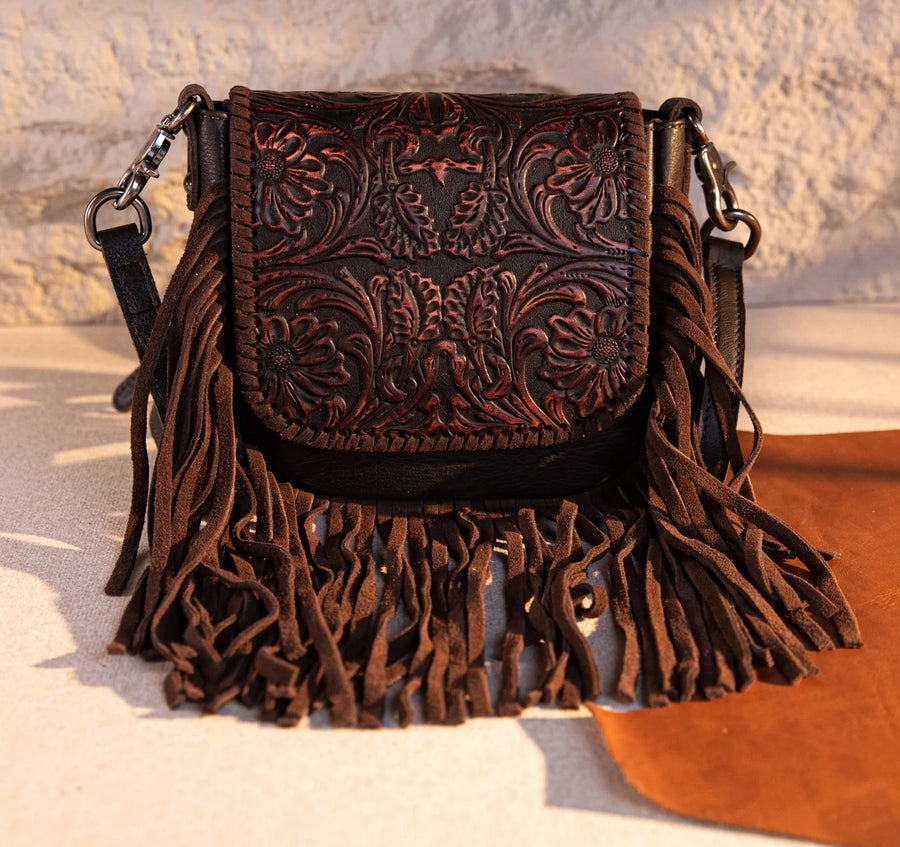 Leather Tooled Fringe Crossbody Purse