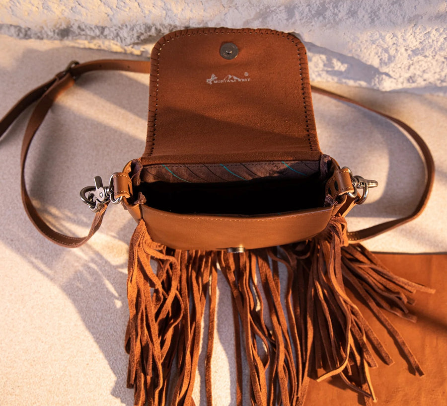 Leather Tooled Fringe Crossbody Purse