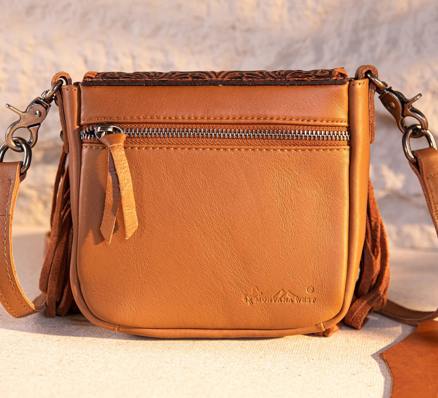 Leather Tooled Fringe Crossbody Purse
