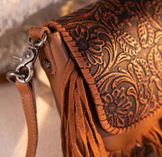 Leather Tooled Fringe Crossbody Purse