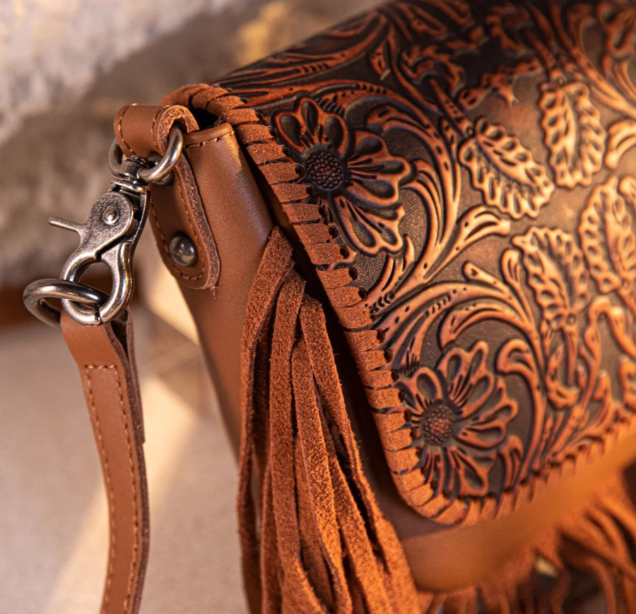 Leather Tooled Fringe Crossbody Purse