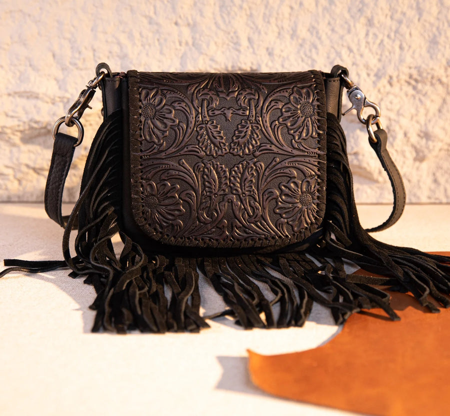 Leather Tooled Fringe Crossbody Purse