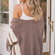Women's Mocha Striped Fringed Cozy Wrap Cardigan