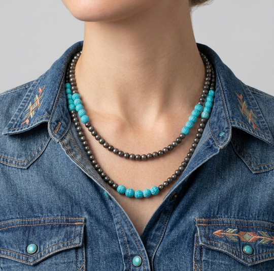 Navajo Pearl Long Silver-Tone & Turquoise Bead Necklace