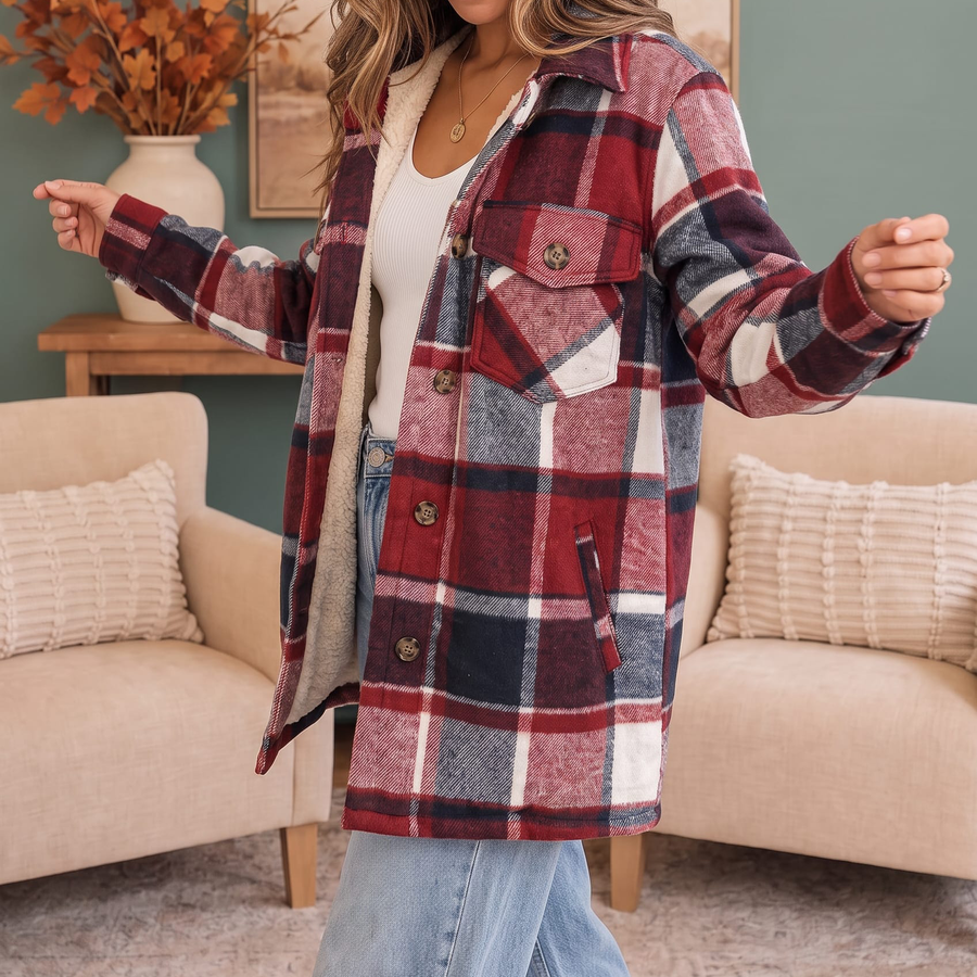 Women's Collar Plaid Sherpa Lined Button Front Shacket
