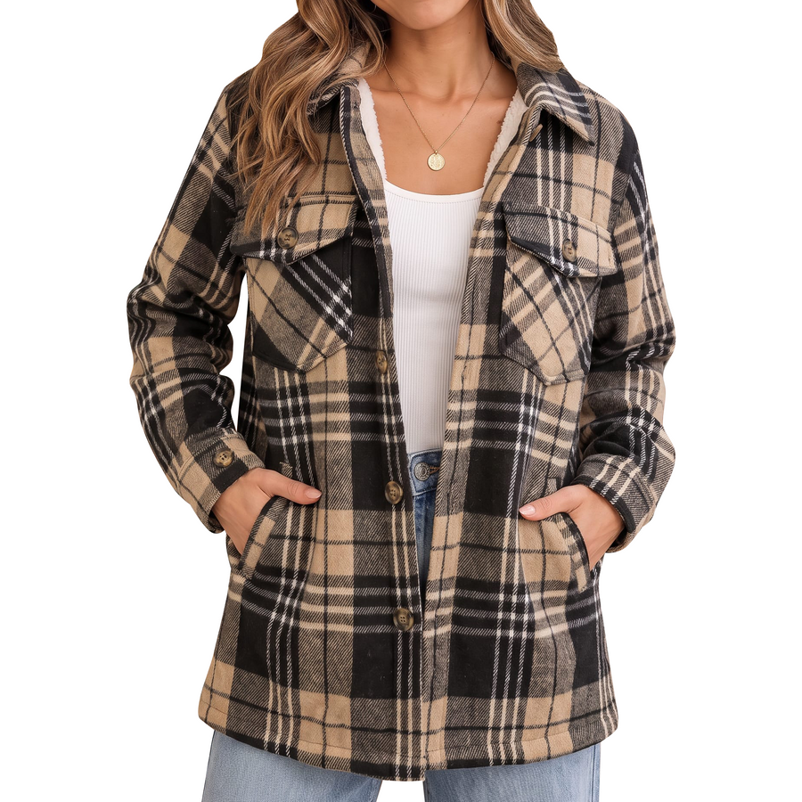 Women's Collar Plaid Sherpa Lined Button Front Shacket
