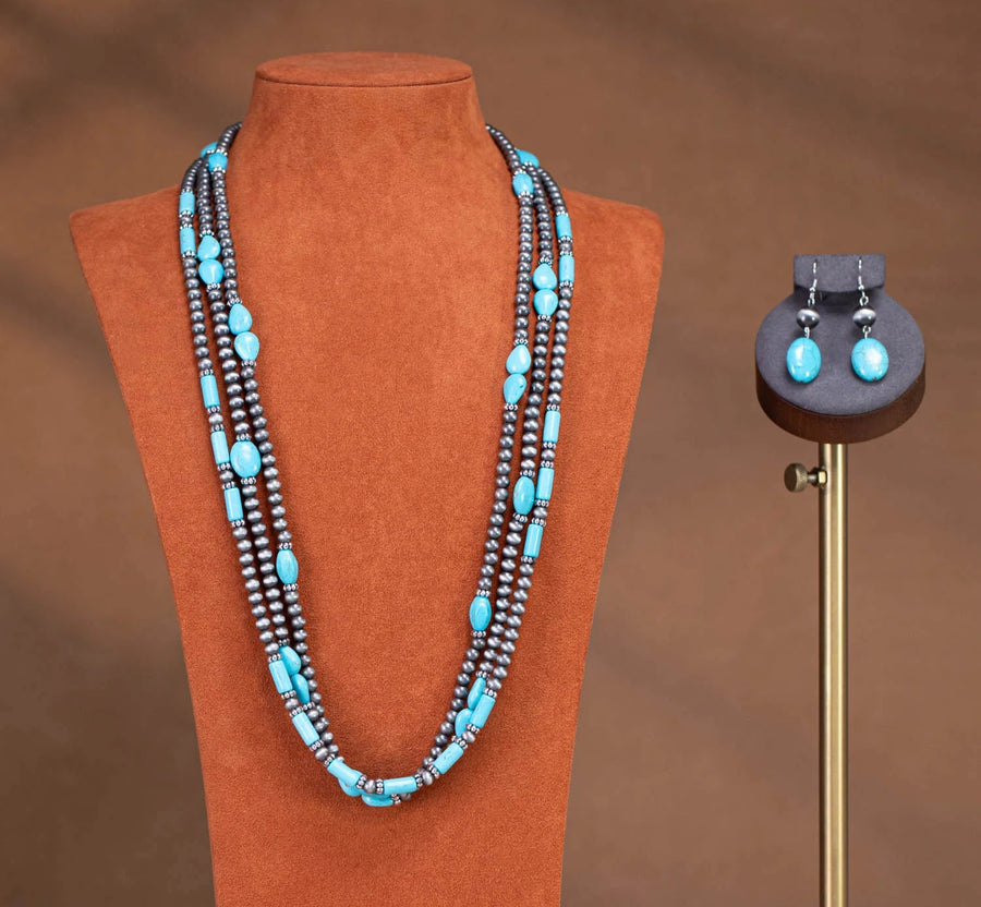 Turquoise Beaded Layered Necklace & Earrings Set