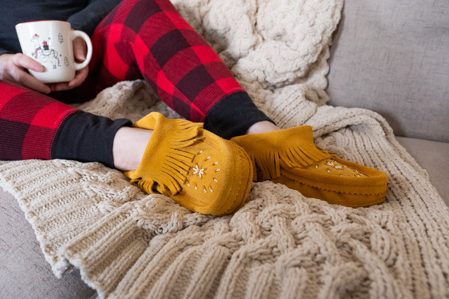 Women's Beaded & Fringed Fleece Lined Genuine Suede Moccasins