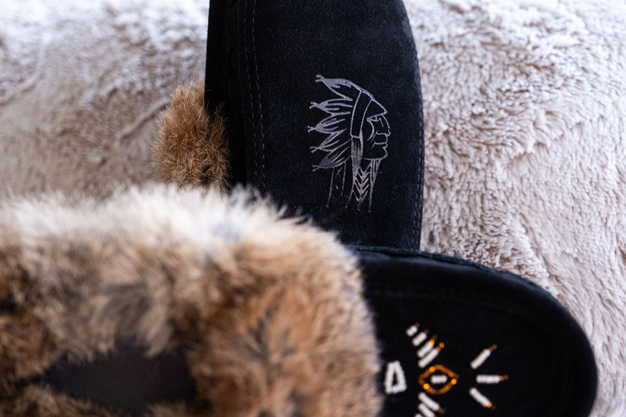 Women's Rabbit Fur Thunderbird Beaded Black Moccasins